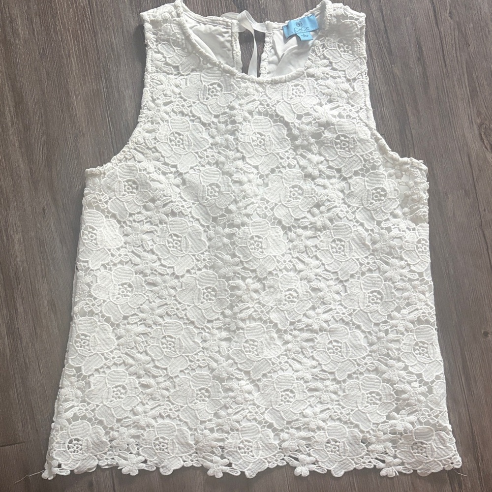 CeCe Floral Lace Sleeveless Blouse - White